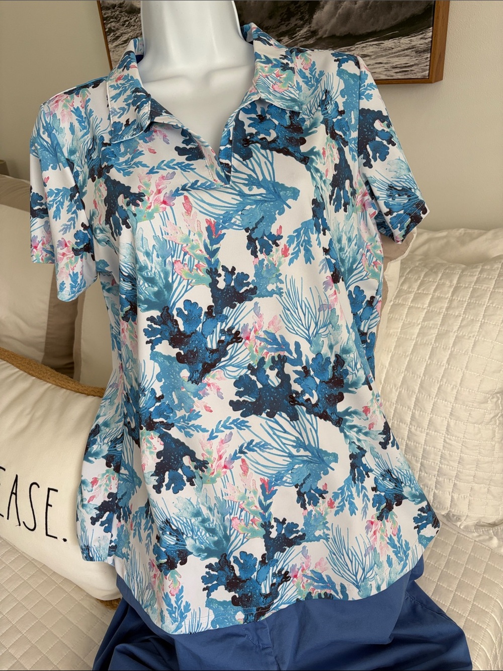 Women's Blue Ocean print Short Sleeve Polo Top - Collared Tee